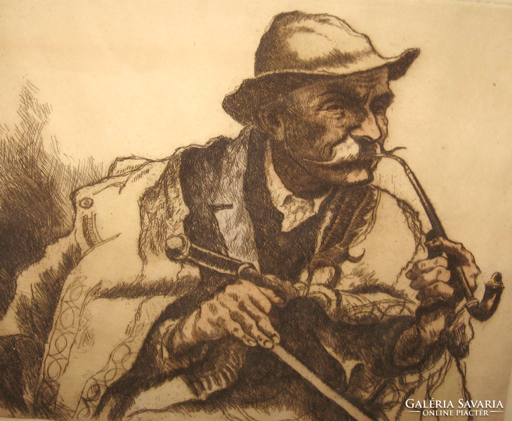 István Zádor / 1882-1963 /: pipe-smoking shepherd, etching