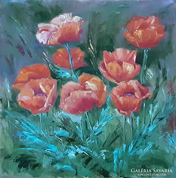 Antiipina galina: orange poppy, oil painting, canvas, painter's knife, 50x50cm