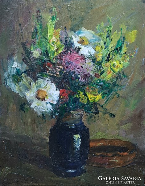 Ferenc Göcseji Pataki: still life with flowers (oil painting in frame) painter from Zalaegerszeg