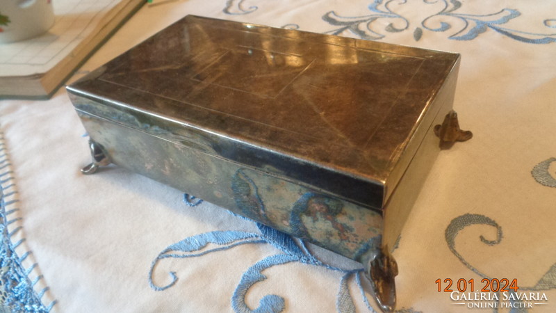 Metal jewelry box, silver-plated, with a beautiful patina, with elegant cast legs