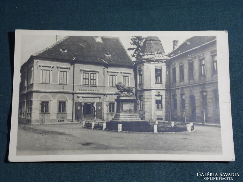 Postcard, Szigetvár Zrínyi square, lion statue, monument, pharmacy