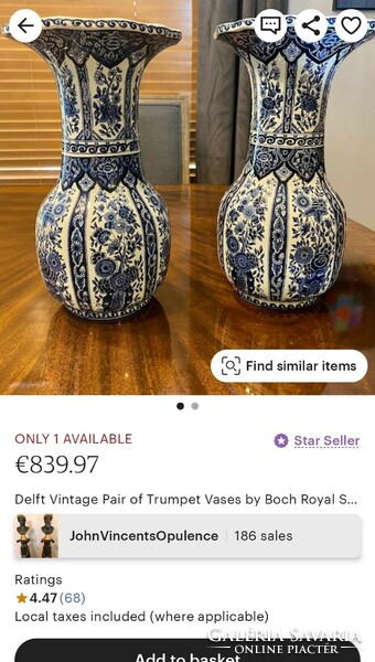 Nagy méretű, gazdagon díszített, kézzel festett, gyönyörű régi holland Delft kerámia váza