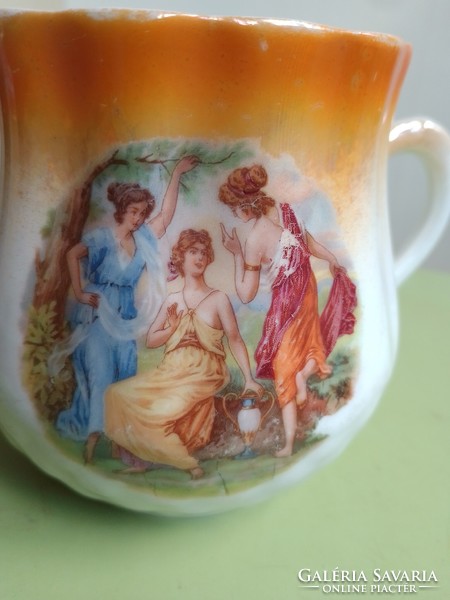 Antique old Zsolnay porcelain belly mug with ears, antique mythological scene, three female figures