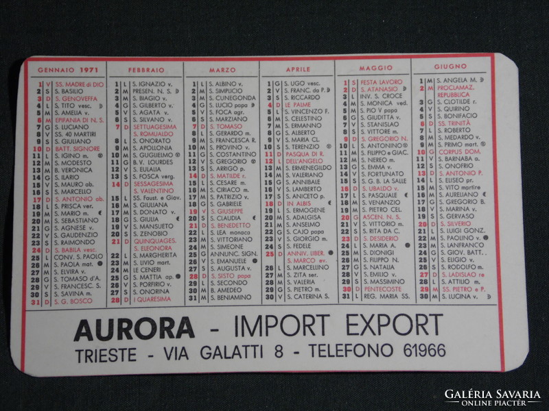 Kártyanaptár, Olaszország, Trieszt, Aurora import export vállalat, névnapos , 1971,   (5)