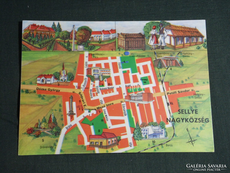 Postcard, Sellye municipality, graphic map, details, store, monument, church, folk costume