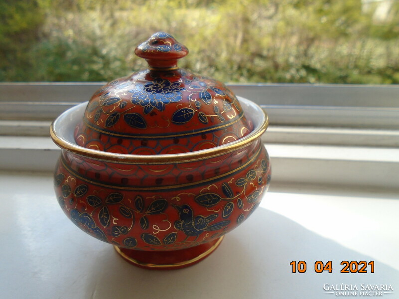 1850 Fischer&mieg special coral red rare sugar bowl with gold contoured cobalt patterns