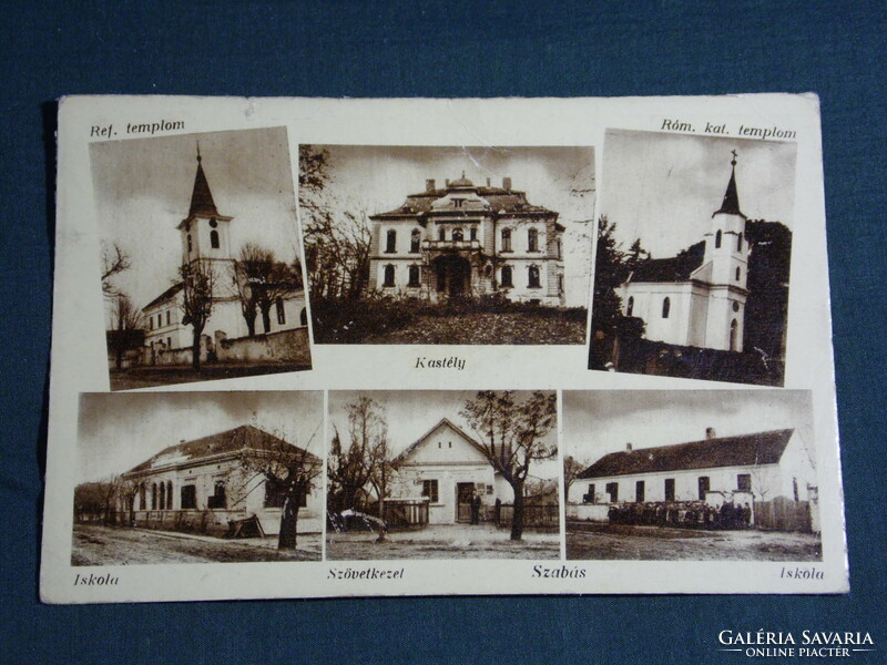 Postcard, tailoring, castle, church, school, cooperative