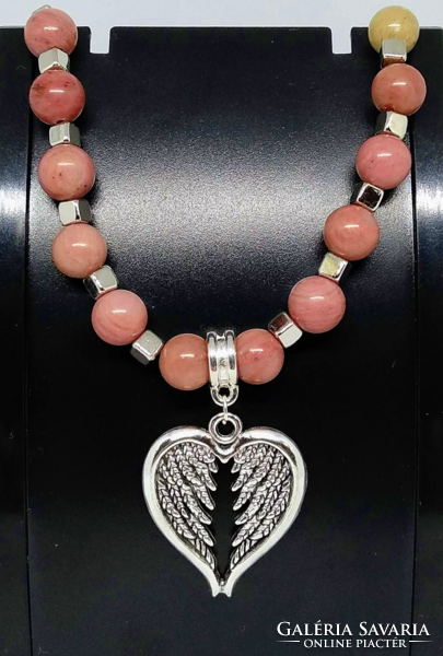Rhodonite mineral necklace with angel wing pendant 250