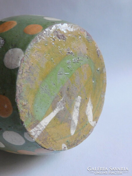 Régi pöttyös, zöld mázas cserépköcsög 21 cm