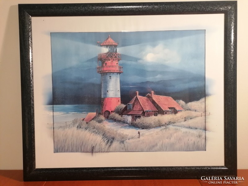 Nautical themed lighthouse with offset passepartout, tastefully framed as a picture under glass. 55 X 45cm