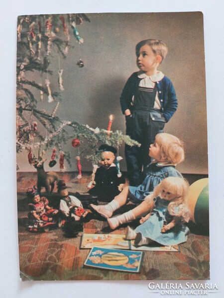 Old Christmas postcard 1962 postcard toys Christmas tree