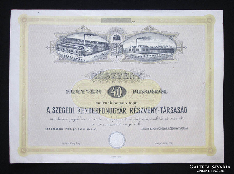 Szeged Hemp Spinning Company Limited Share 40 pengő 1940 - Szeged