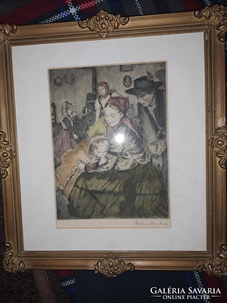 Isaac Perlmutter colored etching.