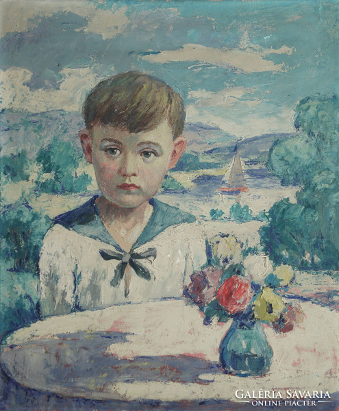 Gy. Riba János (1905-1973) Iskolakezdés 60x50cm | Iskolás Fiú Kisfiú Portré Balaton Vitorlással