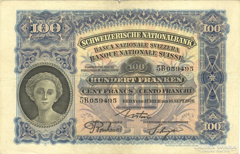 100 Frank French Franken 1926 Switzerland
