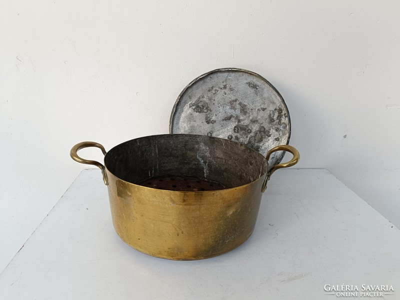 Antique kitchen tool brass copper pot with lid 741 8386