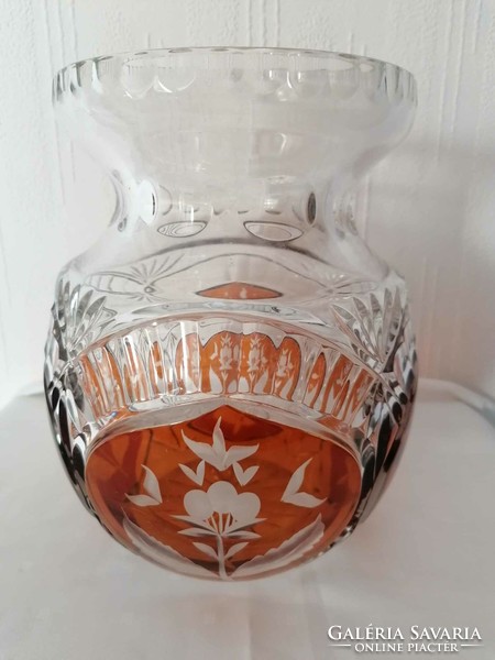 Polished Bohemian lead crystal vase with amber color