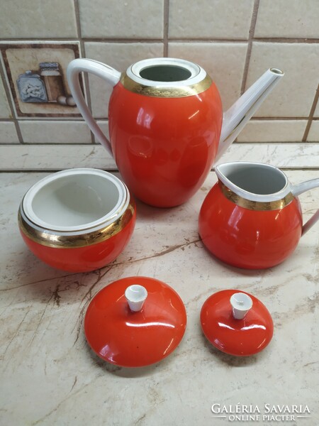 Hollóháza porcelain, red coffee set, pot, pourer, sugar bowl for sale!