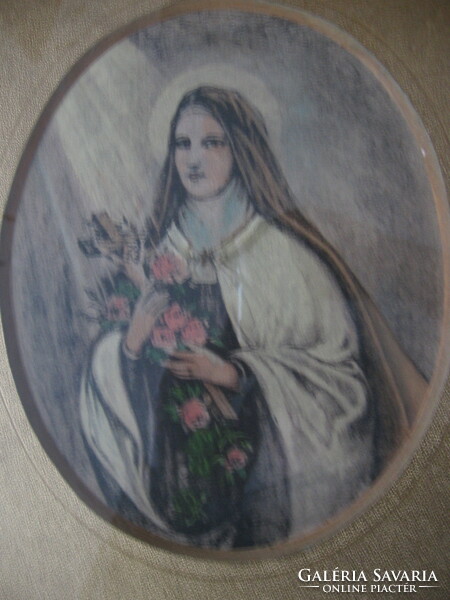 Old color drawing picture of Saint Therese of Lisieux in a gold frame