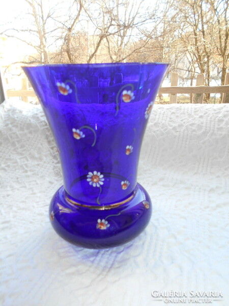 Párádi antique glass vase - enamel painted with chamomile flower decoration 15 cm