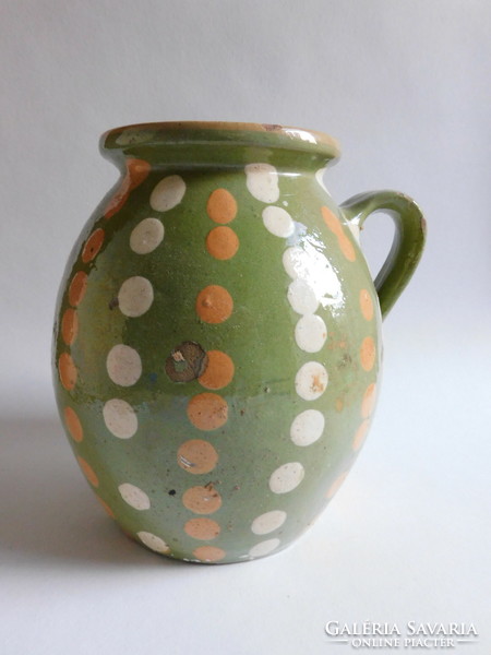 Old polka dot, green glazed earthenware pot 21 cm