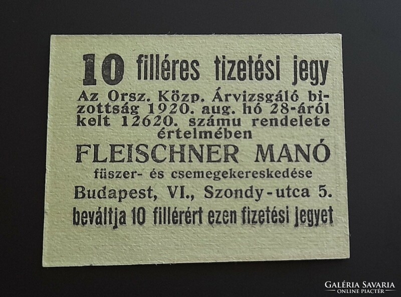 Fleischner's elf spice and delicatessen shop Budapest 10 filér 1920.