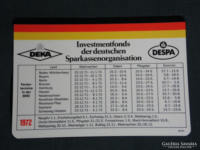 Kártyanaptár, Németország, DEKA, DESPA takarékpénztár,bank, 1972,   (5)