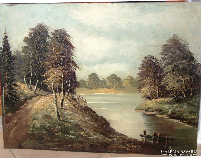 Contemporary painting 1960, landscape-riverside, oil, wood fiber, 60 x 80 cm, with illegible mark