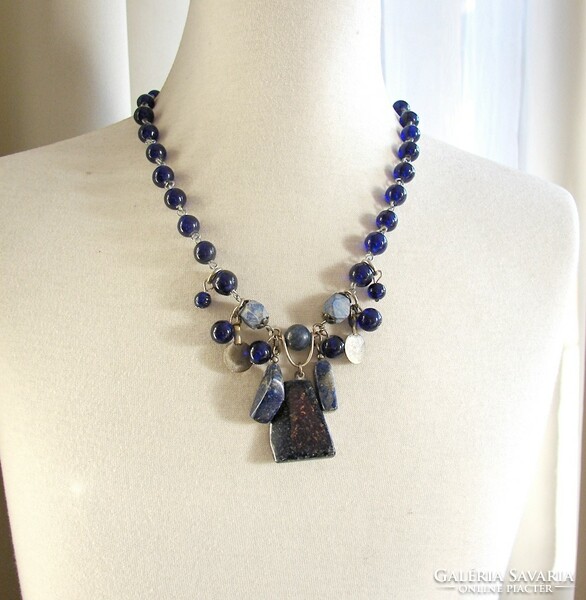 Syrus, short antique Persian copper/lapis pendant necklace with blue glass/lapis beads