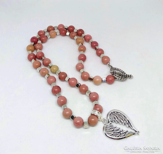 Rhodonite mineral necklace with angel wing pendant 250