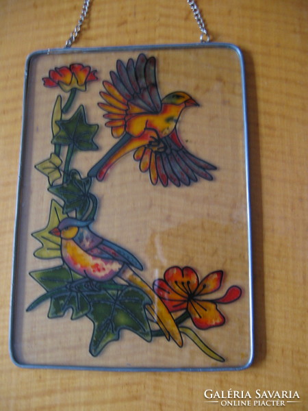 Bird glass painted picture in a lead frame