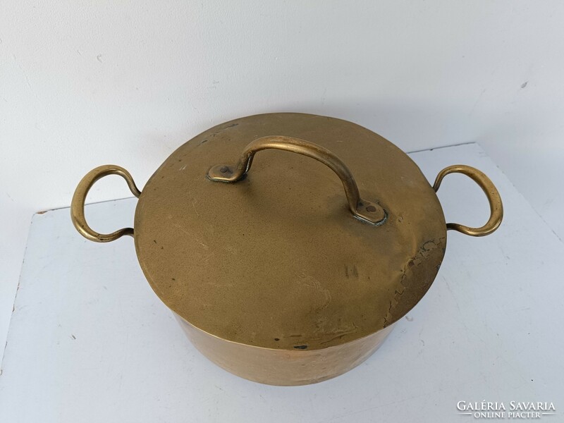 Antique kitchen tool brass copper pot with lid 741 8386