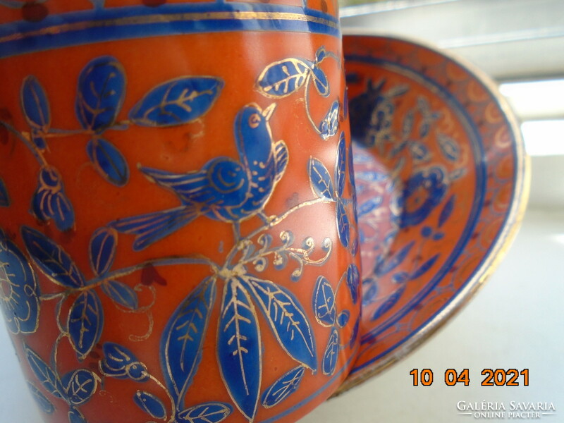 1850 Fischer&mieg special coral red rare coffee set with gold contoured cobalt patterns