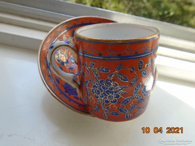 1850 Fischer&mieg special coral red rare coffee set with gold contoured cobalt patterns