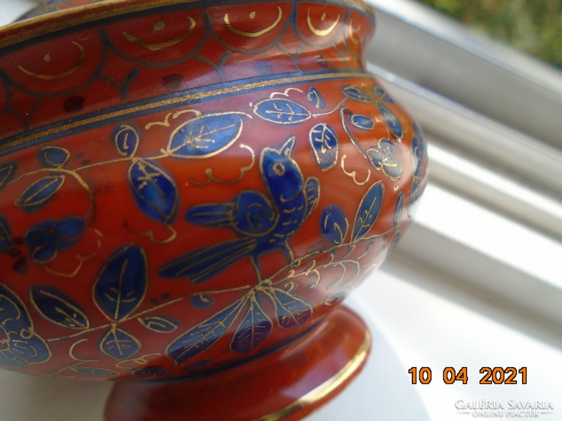 1850 Fischer&mieg special coral red rare sugar bowl with gold contoured cobalt patterns