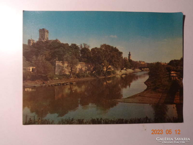 Régi postatiszta képeslap: Győr, Rába-részlet (1961)
