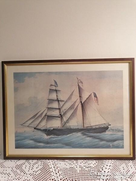 Sailing on a nautical theme 1. Print with passport, tastefully framed as a picture in a wooden frame with gold border