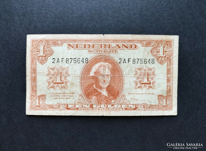Ritkább! Hollandia 1 Gulden 1945, VG+-F