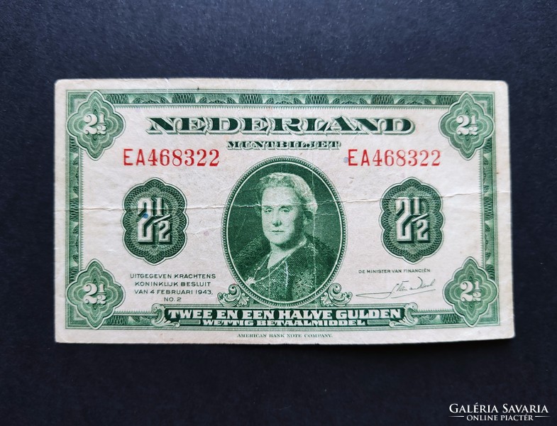 Rarer! Netherlands 2 1/2 gulden 1943, f+