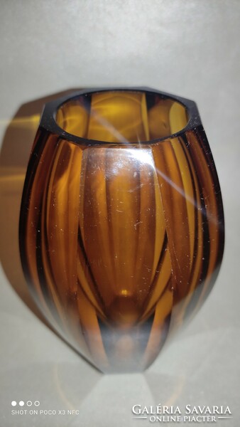 Antik amber glass Moser üveg váza borostyán színű sok lapra csiszolt üveg váza