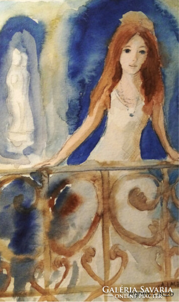 Balcony - contemporary painter/graphic artist agnes laczó, original watercolor painting on paper