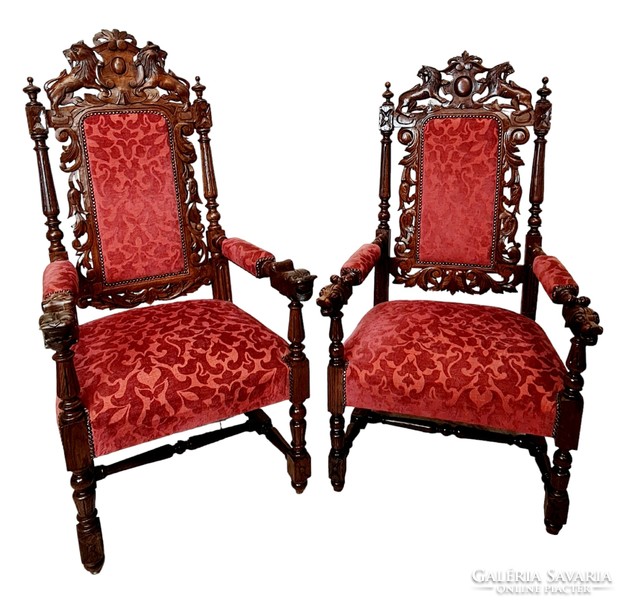 A805 antique, richly carved, Renaissance-style throne armchairs