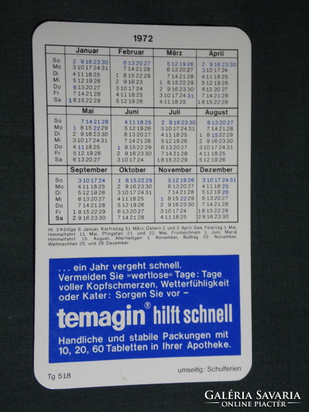 Card calendar, Germany, pharmacy, pharmacy, temagin pain reliever, 1972, (5)
