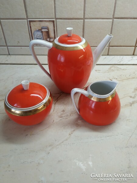 Hollóháza porcelain, red coffee set, pot, pourer, sugar bowl for sale!