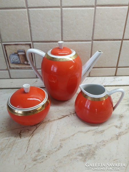 Hollóháza porcelain, red coffee set, pot, pourer, sugar bowl for sale!