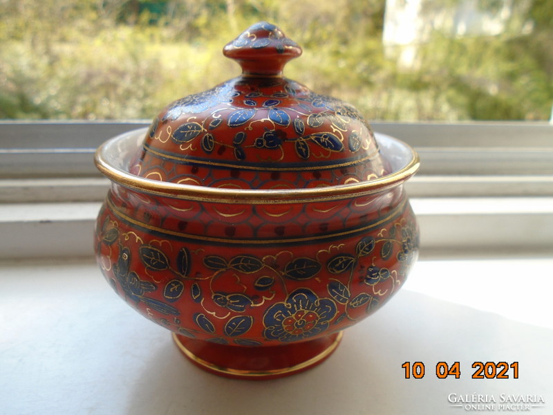 1850 Fischer&mieg special coral red rare sugar bowl with gold contoured cobalt patterns