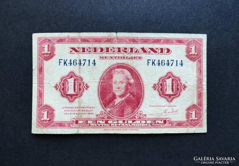 Ritkább! Hollandia 1 Gulden 1943, F+