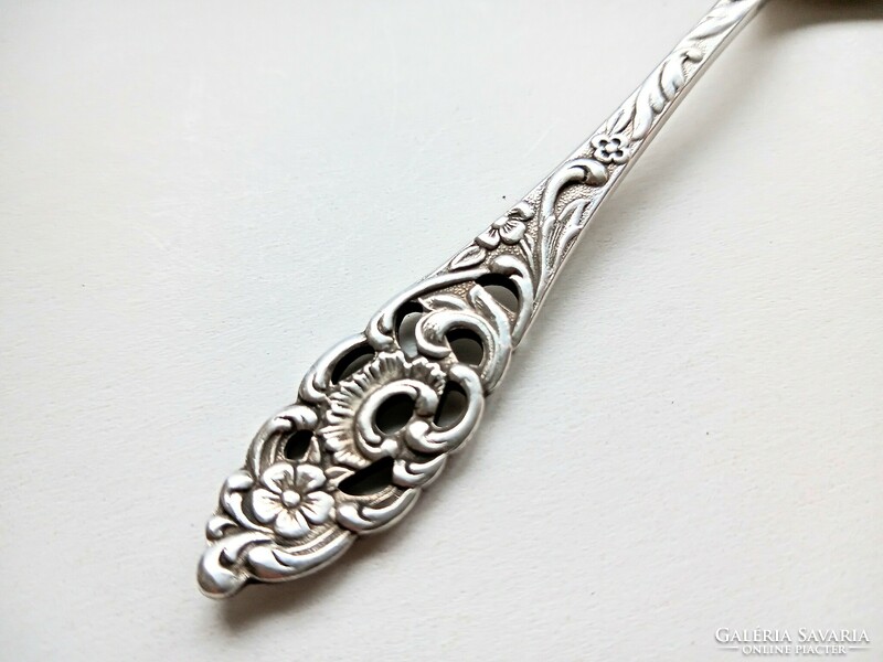 Old silver-plated small serving spoon with openwork floral handle 12.5cm