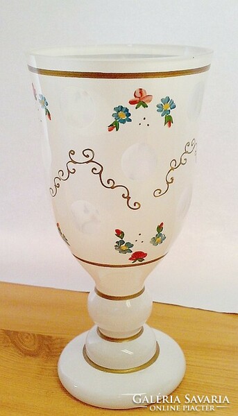 Glass cup in Biedermeier style with white, stylish, gilded hand-painted decoration. Bohemia