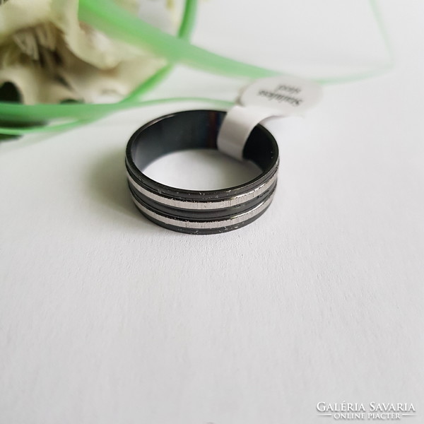 New, black, 2 band silver striped ring - usa 10 / eu 62 / ø20mm